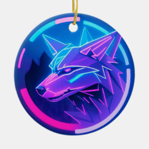 Futuristisches Neon-Wolfgesicht in geometrischer K Keramik Ornament