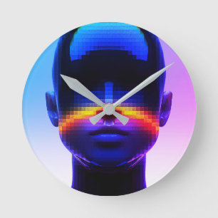 Futuristisches Pixel Art Portrait - Digitales Abst Runde Wanduhr