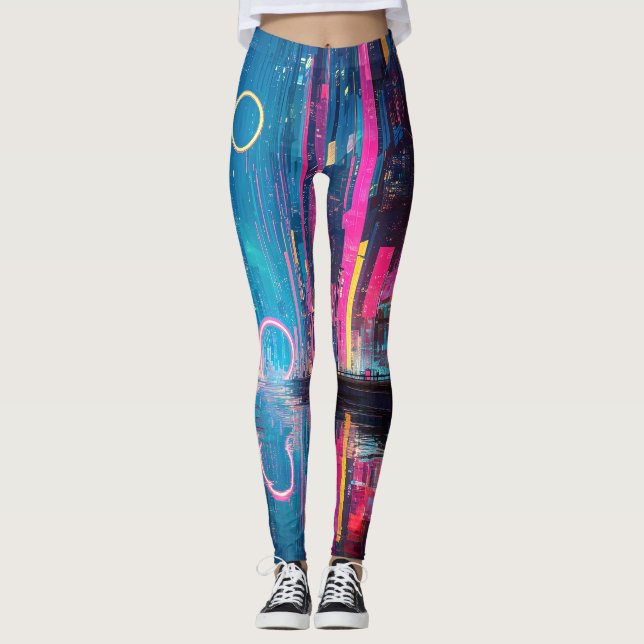 Futurologische lebendige Neon-Nacht-Stadtlandschaf Leggings (Vorderseite)