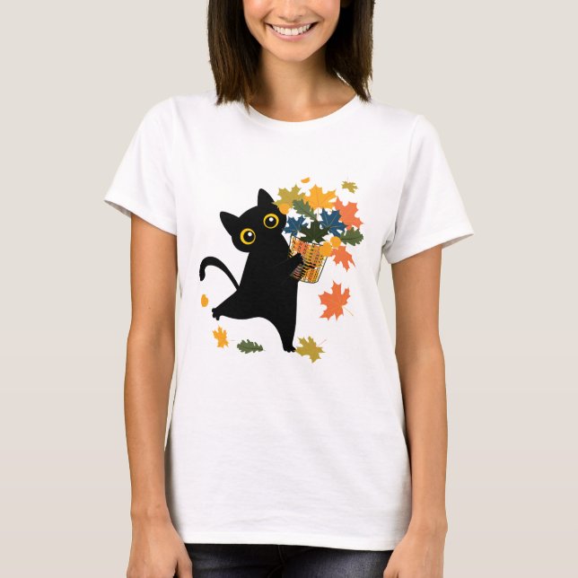 fuuny black Cat Leaf Fall Hello Autumn T-Shirt (Vorderseite)
