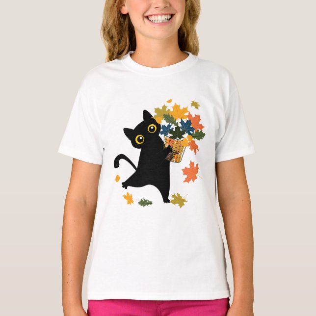 fuuny black Cat Leaf Fall Hello Autumn T-Shirt (Vorderseite)