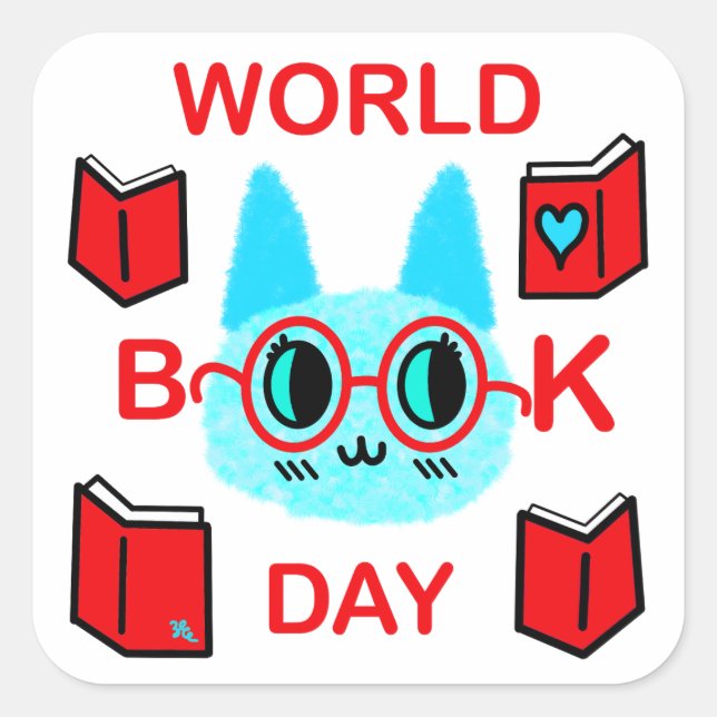 Fuzzy Cat World Book Day Quadratischer Aufkleber (Vorderseite)