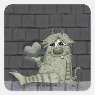 Fuzzy Green Monster mit Herz Quadratischer Aufkleber