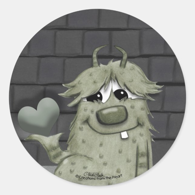 Fuzzy Green Monster mit Herz Runder Aufkleber (Vorderseite)