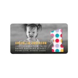 Fuzzy Modern Color Dots 1. Geburtstag Party Foto Adressaufkleber