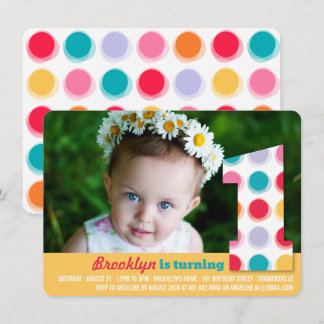 Fuzzy Modern Color Dots 1. Geburtstag Party Foto Einladung