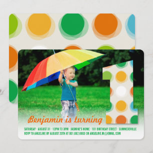 Fuzzy Modern Color Dots 1. Geburtstag Party Foto Einladung