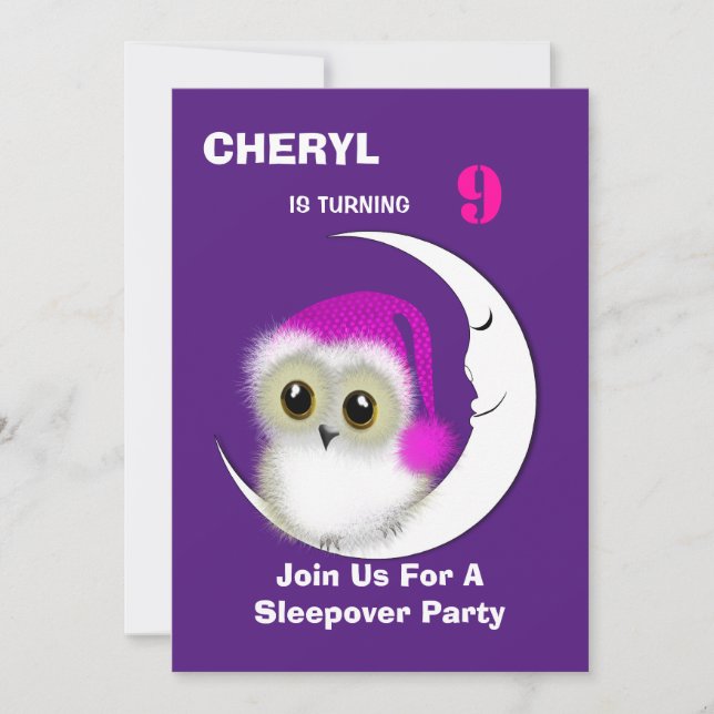 Fuzzy Night Owl Sleepover Personalisiert Einladung (Vorderseite)