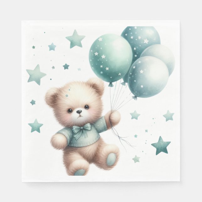 FUZZY TEDDY BAR MIT PASTEL GREEN BALLOONS SERVIETTE (Vorderseite)