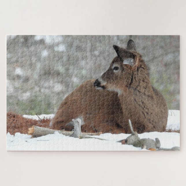 Fuzzy White Tails Hirsch Fawn ruht im Schnee Puzzle (Horizontal)