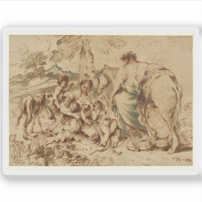 G. B. Castiglione - Eine Familie in einer Wüstenla Aufkleber (Vorderseite)