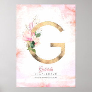 G Buchstabe Monogramm Gold Blätter Rosa Magnolie F Poster