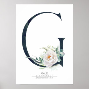 G Buchstabe Monogramm Weiße Blumen und Grün Poster