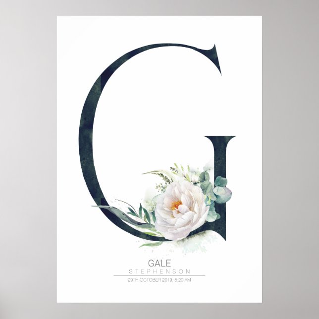 G Buchstabe Monogramm Weiße Blumen und Grün Poster (Vorne)