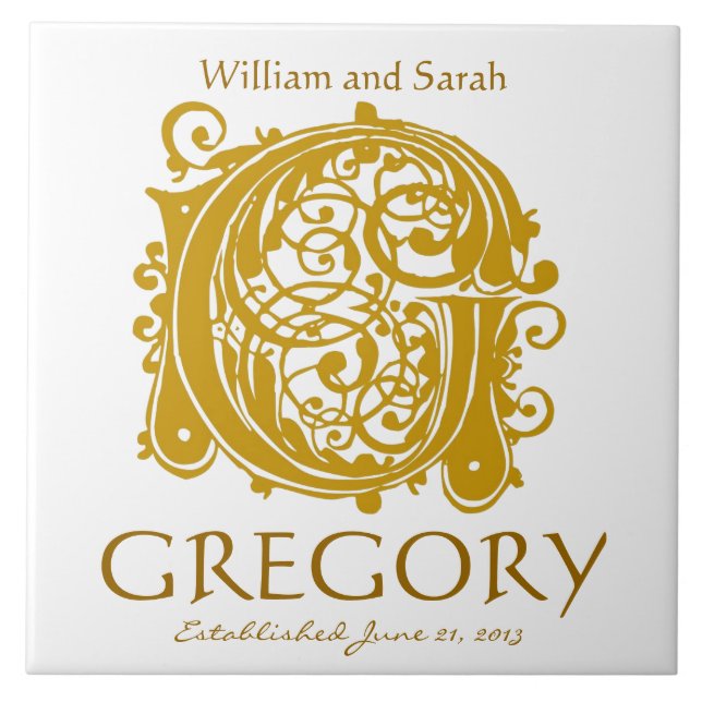 G Gold Monogram on White - Names Wedding Date Tile Fliese (Vorderseite)