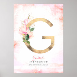 G Letter Monogram Gold Blätter Pink Magnolia Flora Poster