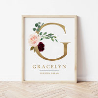 G Letter Monogram Name Marsala Floral Kinderzimmer