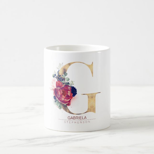 G Monogram Floral Burgund Red and Navy Blue Kaffeetasse (Mittel)