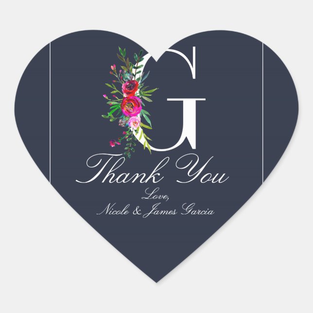 G Monogram letzte erste Hochzeit mit moderner Blau Herz-Aufkleber (Vorderseite)