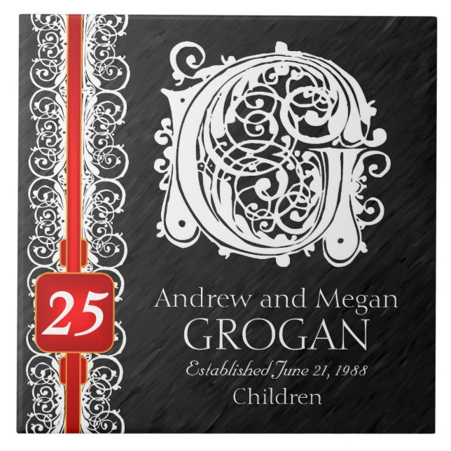 G Monogram "White Lace on Black" Anniversary Tile Fliese (Vorderseite)