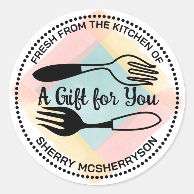 Gabel Aquarell aus der Küche personalisiert Runder Aufkleber (Vorderseite)