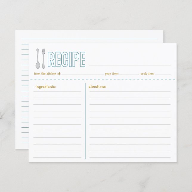 Gabel- und Löffelblaugelbe Rezept-Karte (Vorne/Hinten)