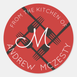 Gabelt Monogramm von der Küche des Aufklebers Runder Aufkleber