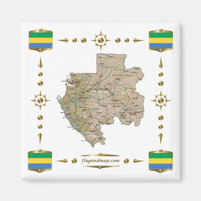 Gabon Map + Flags Magnet (Vorne)