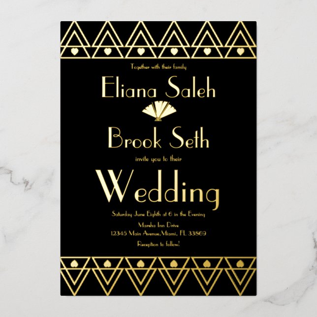 Gabsty Heart Border Gold Wedding gepresst Folieneinladung (Vorderseite)