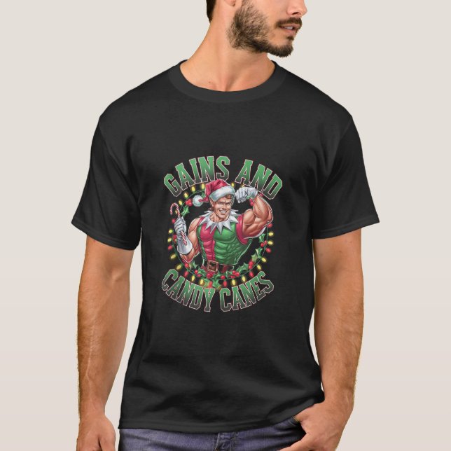 Gains and Candy Canes Funny Christmas Elf Gym Work T-Shirt (Vorderseite)