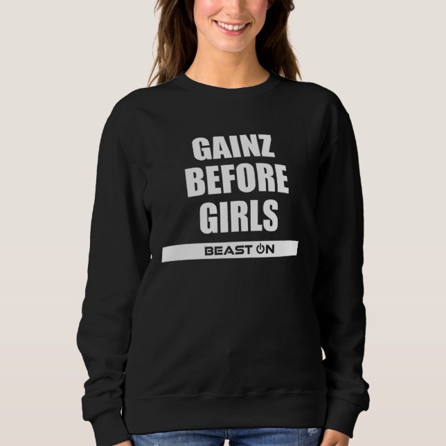 Gains before Girls Fitness Gym Bodybuilding Motiva Sweatshirt (Vorderseite)