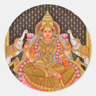 GAJA LAKSHMI FEINE TANJORE MALEREI {SÜDINDIEN RUNDER AUFKLEBER