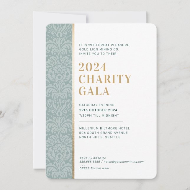 GALA BALL elegant damask dark green sage gold  Einladung (Vorderseite)
