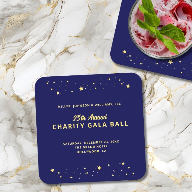 Gala Ball Stille Auktion Elegante Gestern und Heut Rechteckiger Pappuntersetzer (Annual Charity Gala Ball Silent Auction Fundraiser paper coaster in navy blue with gold stars.)