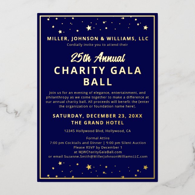 Gala Ball Stille Auktion Elegante Marine Blue Gold Folieneinladung (Vorderseite)