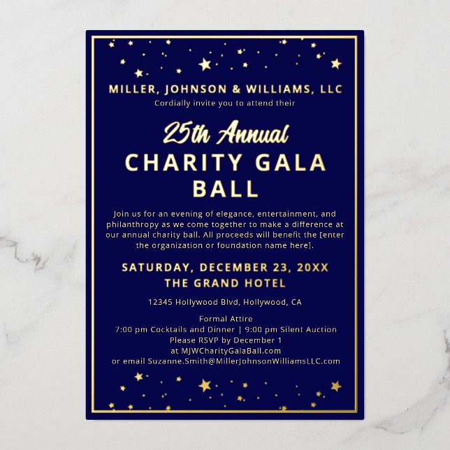 Gala Ball Stille Auktion Elegante Marine Blue Gold Folieneinladung (Vorderseite)