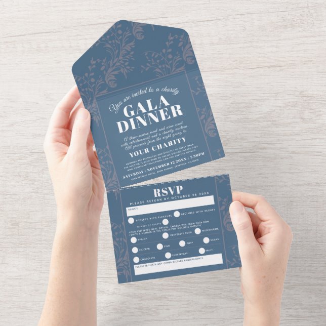 Gala-Dinner mit blauen, botanischen Mustern All In One Einladung (Abreißen)