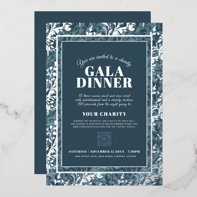 Gala-Dinner mit blauen, botanischen Mustern Folieneinladung (Vorderseite/Rückseite)