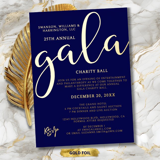 Gala Event Charity Fundraiser Elegant Blue Gold Folieneinladung (Gala Event Charity Fundraiser Elegant Blue Gold Script Foil Invitation for Charity Gala Ball.)
