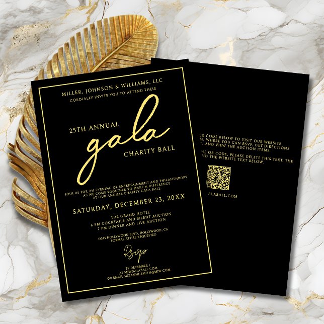 Gala Event Wohltätigkeit Fundraiser Wilhelm Tell Einladung (Charity Gala Ball Fundraiser Black and Gold Invitation with Script Calligraphy, QR Code.)
