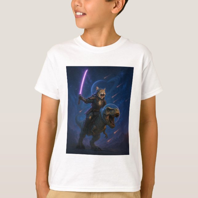 Galactic Samurai Cat on T Rex T-Shirt (Vorderseite)