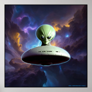 Galaktische Begegnung: Grüne Alien Kopf UFO Abente Poster