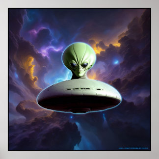 Galaktische Begegnung: Grüne Alien Kopf UFO Abente Poster