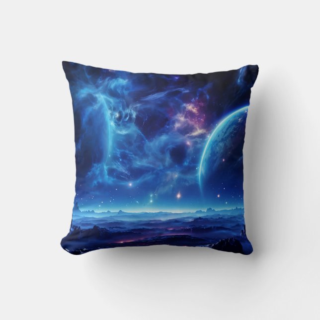 Galaktische Oase: Blauer Nebel Stellar Landschaft Kissen (Vorderseite)
