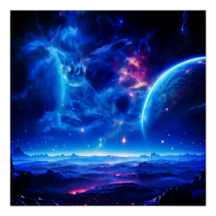 Galaktische Oase: Blauer Nebel Stellar Landschaft Poster