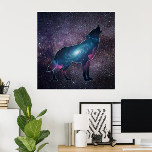 Galaktische Silhouette des heulenden Wolfes Poster