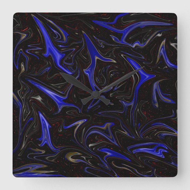 "Galaktischer Swirl: Der blaue und schwarze Marmor Quadratische Wanduhr (Vorderseite)