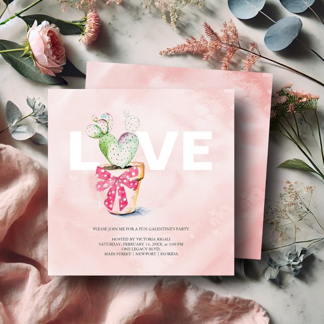 Galantine Einladung Geburtstagsparty (Galentines invitations watercolor heart shaped cactus art by Victoria Grigaliunas DoTellABelle)