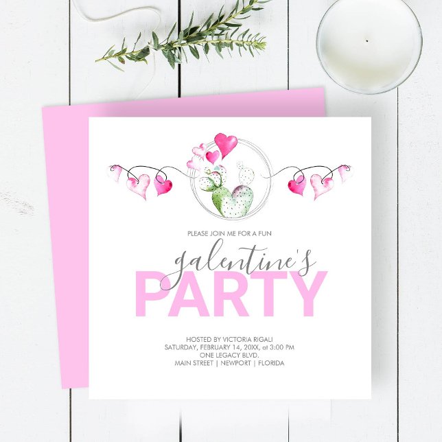 Galantines Geburtstagseinladungen online (Galentines party invite watercolor pink hearts and cactus by Victoria Grigaliunas of Do Tell A Belle)
