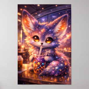 Galaxie-Fuchs trinkt Boba-Tee Süßes Weltraumtier Poster